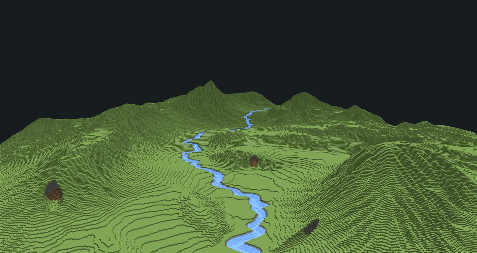 The same terrain with a winding river carved down the valley floor and cave mouths opened in the hillsides.