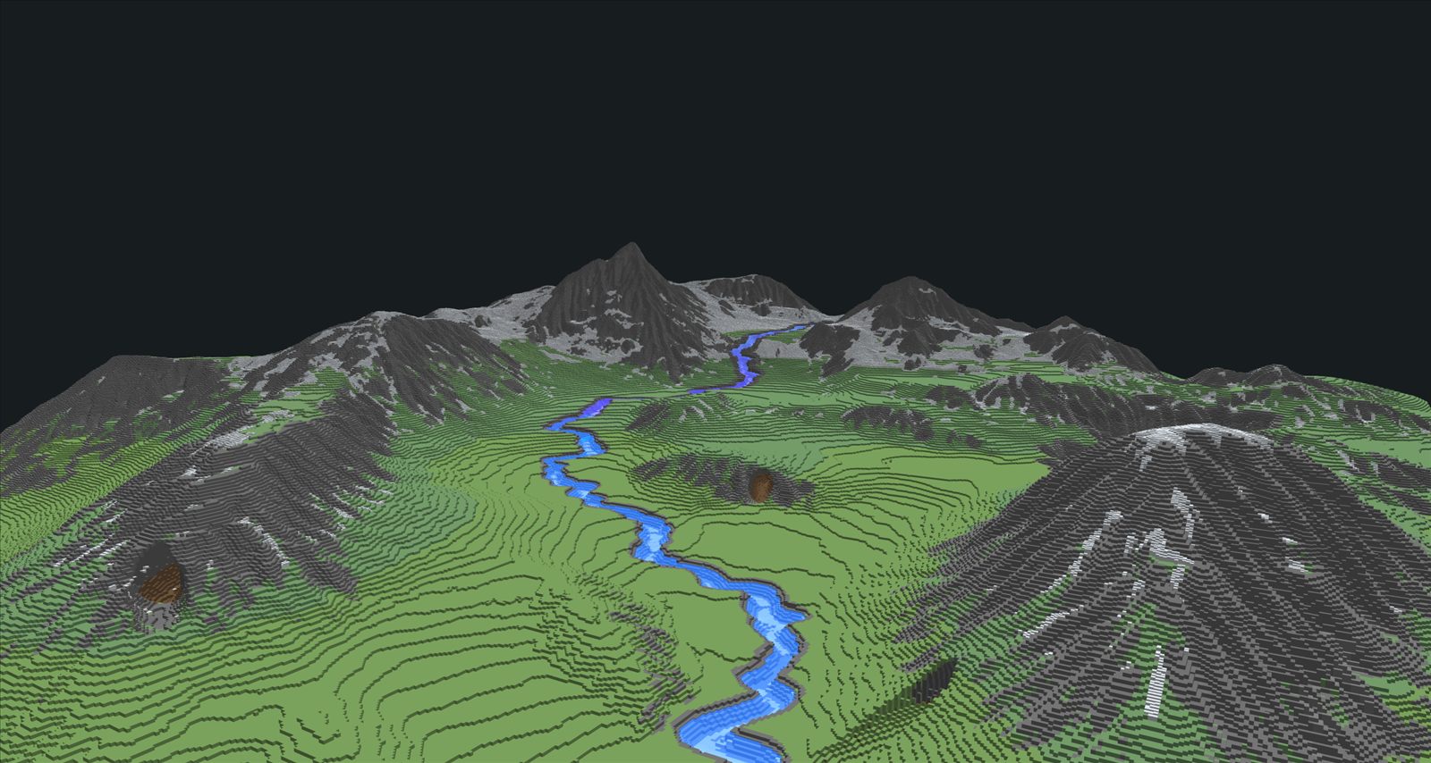 The same terrain painted with materials: rocky snow-capped peaks over green valley floors.