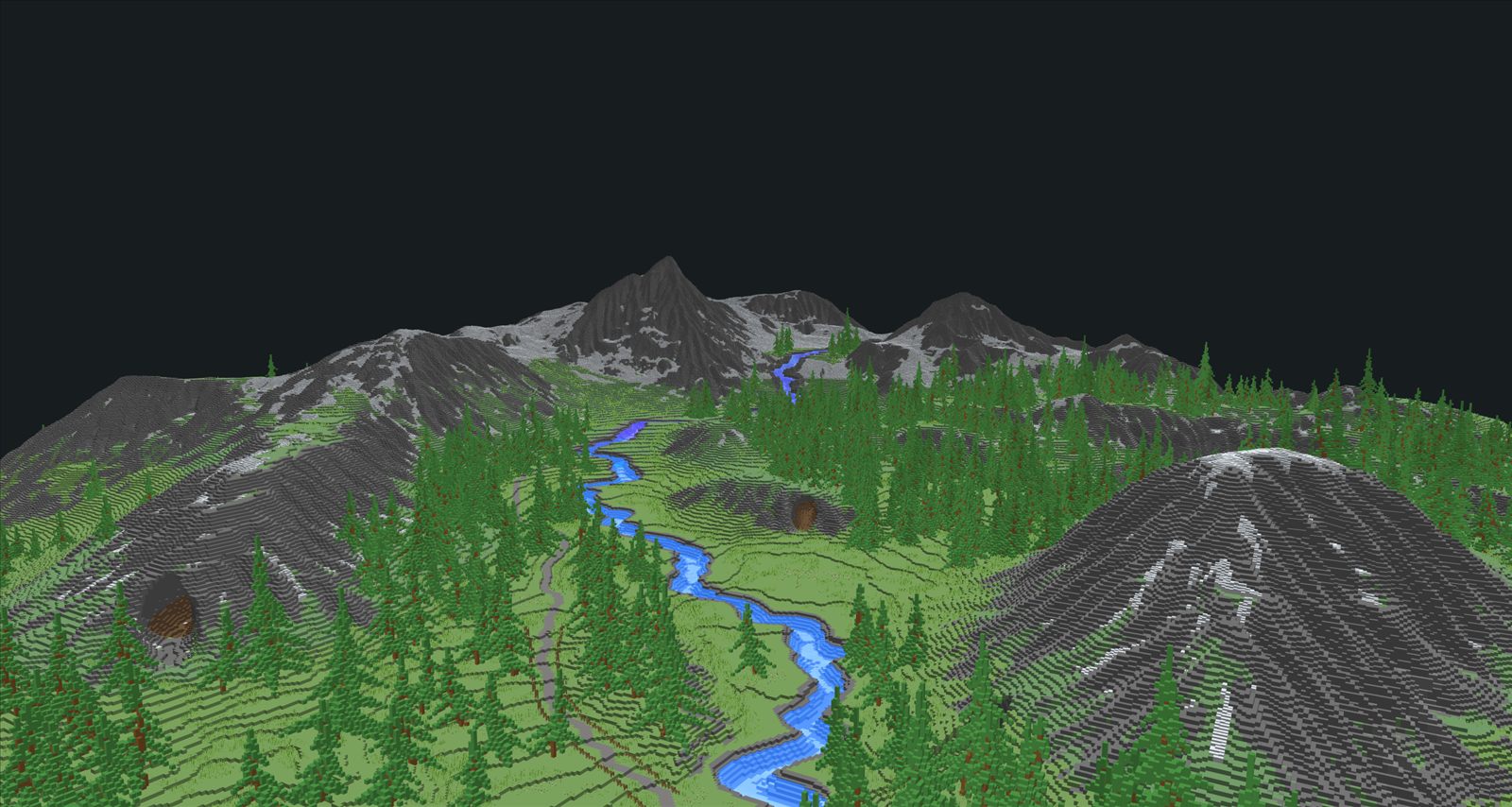 The same terrain populated with pine forests and paths winding along the river.